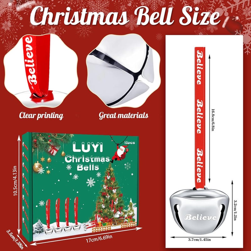 LUYI 12 Sets Christmas Bells Ornaments, Christmas Believe Bells Bulk Polar Express Decorations Xmas Party Gifts Favors Silver Sleigh Jingle Bells for Christmas Tree Home Decoration(1.6 Inch) - Image 2